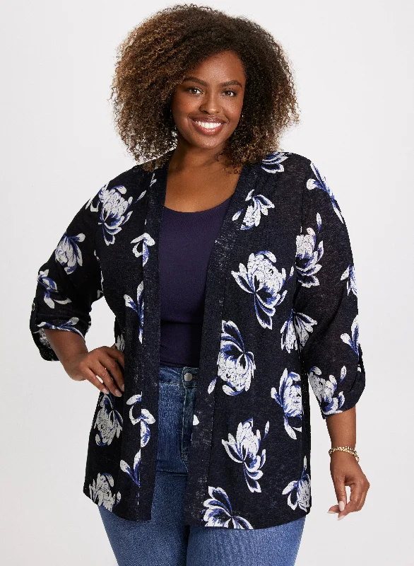 3/4 Sleeve Floral Print Cardigan