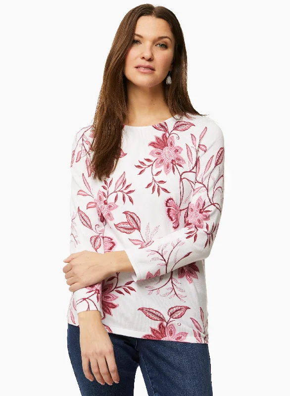 Boat Neck Floral Motif Sweater