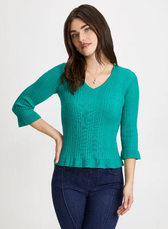 Ruffle Cuff V-Neck Sweater