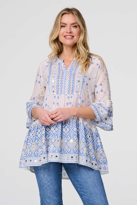 Geo Print Embroidered Smock Top