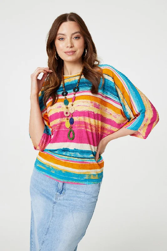 Striped Batwing Top with Necklace