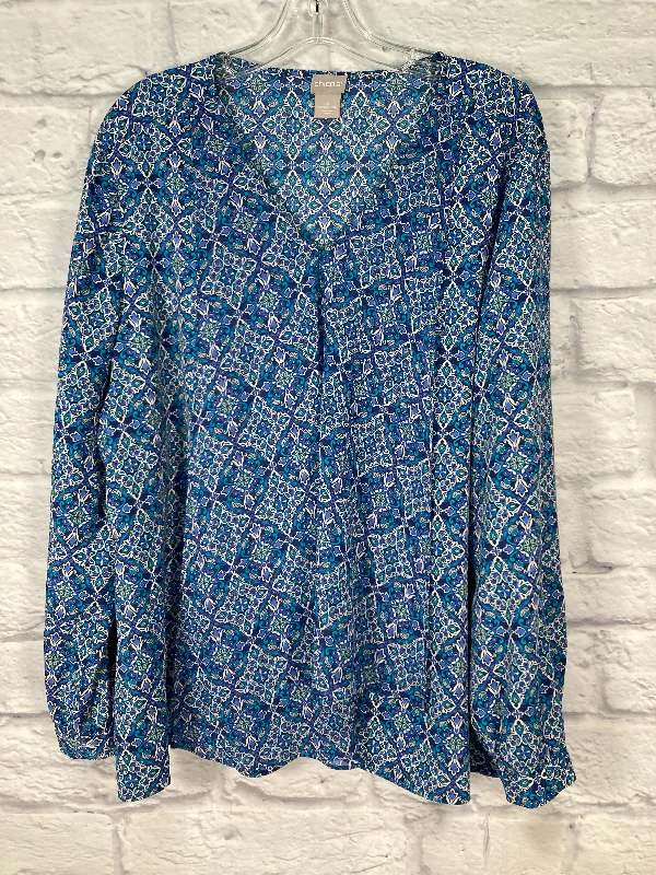 Blue & White Blouse Long Sleeve Chicos, Size Xl