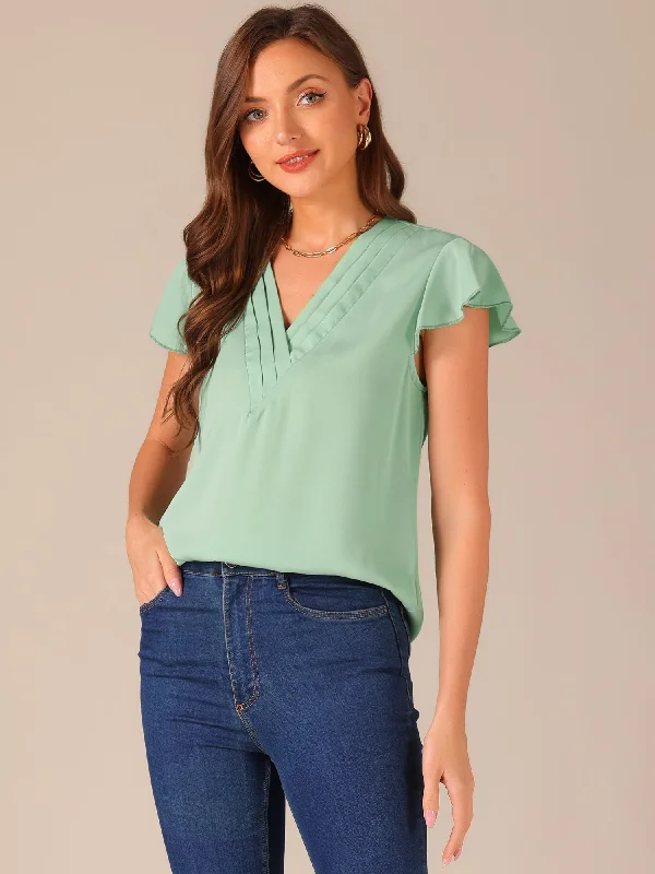 Pleated V Neck Flutter Sleeve Summer Casual Blouse