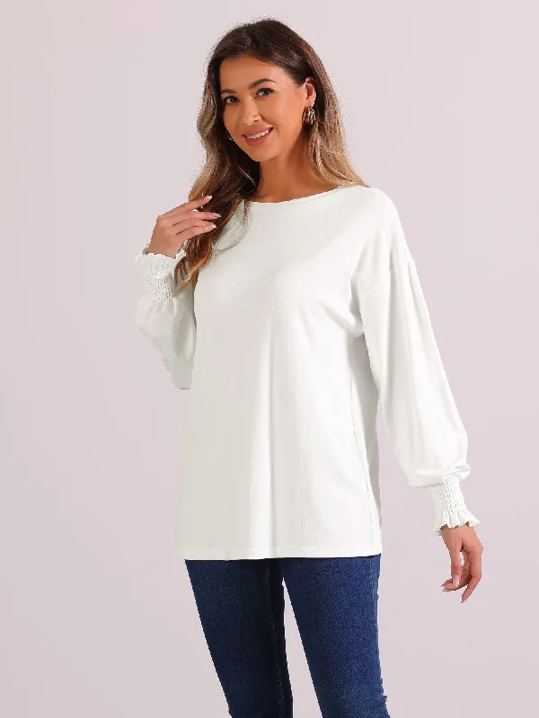 Casual Loose Fit Smocked Cuffs Long Sleeve Blouse