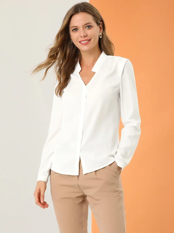 Work Office Blouse Button Up Long Sleeve V Neck Chiffon Shirt