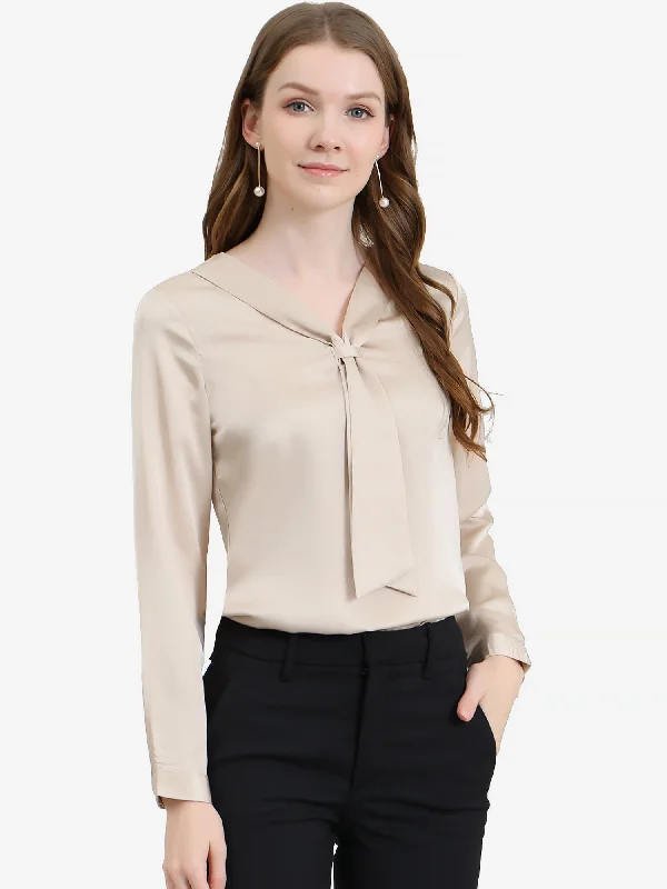 Satin Tie Neck Long Sleeve Solid Color Elegant Office Work Shirt Top