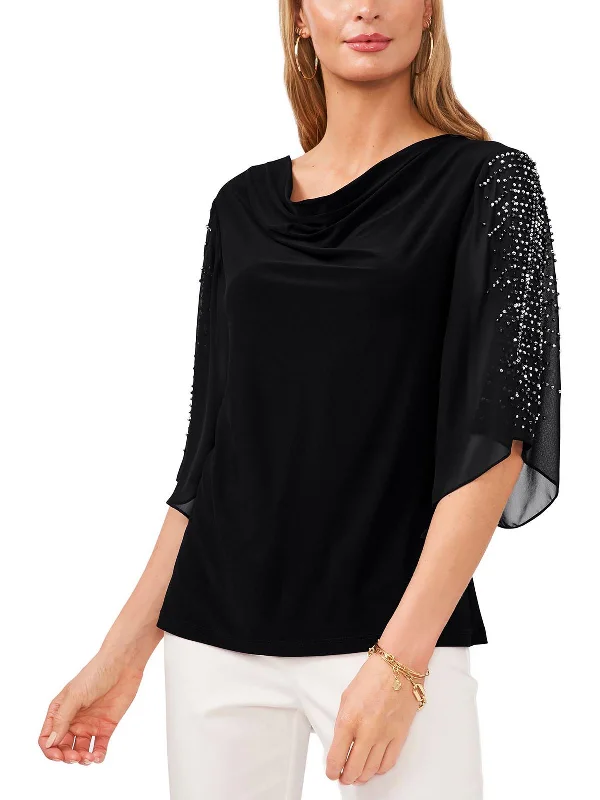 Petites Womens Crepe Beaded Blouse