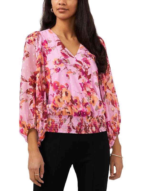 Petites Womens Metallic Floral Print Blouse