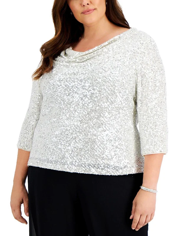 Plus Womens Sequined Cowlneck Blouse