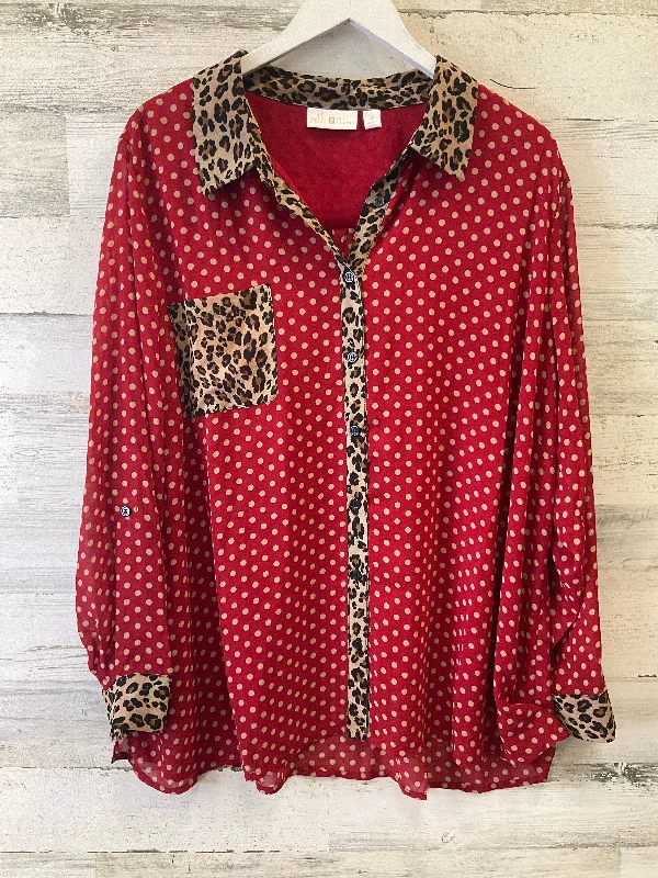 Red & Tan Blouse Long Sleeve Belle By Kim Gravel, Size 2x