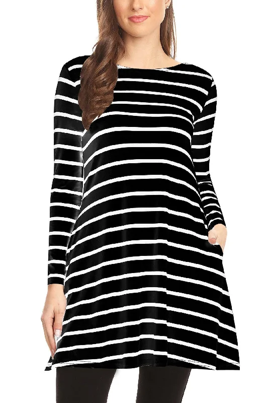 Women's Striped A-Line Pockets Long Sleeves Relaxed Fit Top