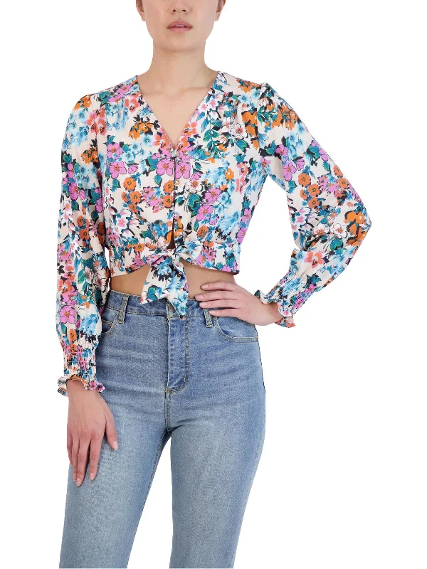 Womens Floral Print Knot-Front Blouse