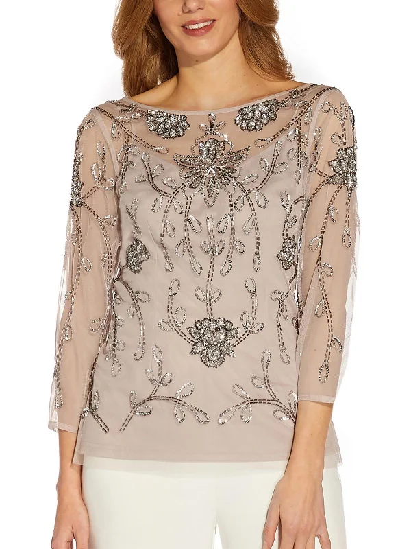 Womens Hand-Beaded Illusion Blouse