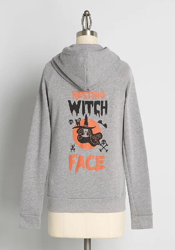 Resting Witch Face Graphic Zip-Up Hoodie