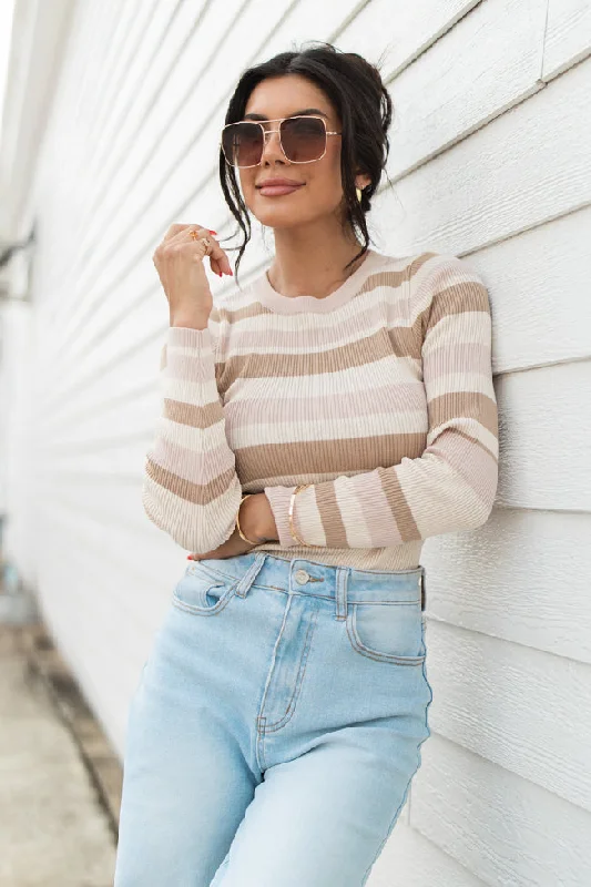 See It Through Pink And Brown Striped Fitted Sweater