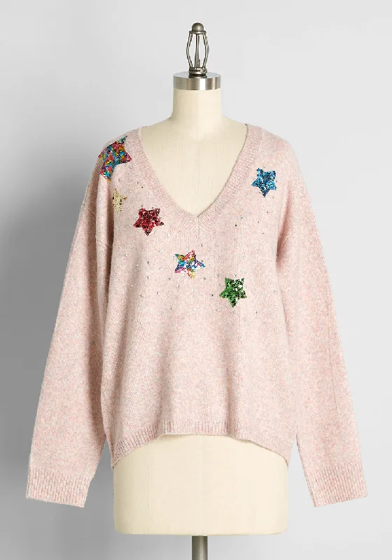 Sparkles and Stardust Embellished V-Neck Sweater