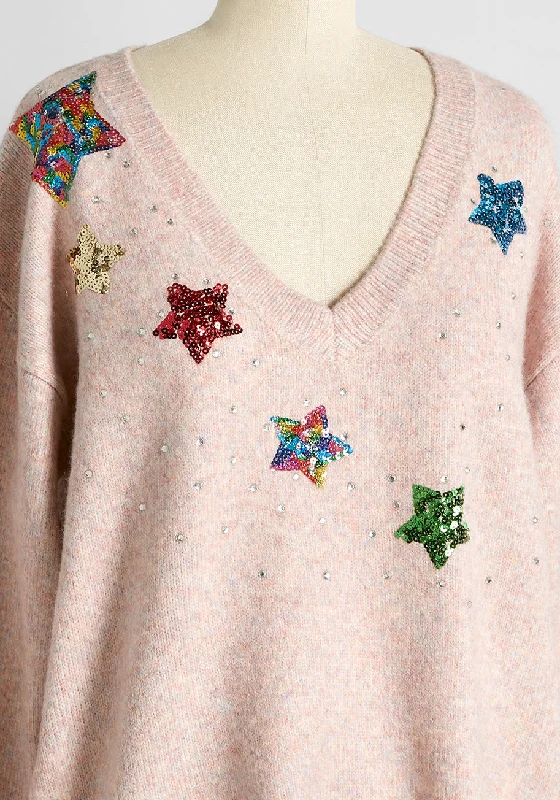 Sparkles and Stardust Embellished V-Neck Sweater