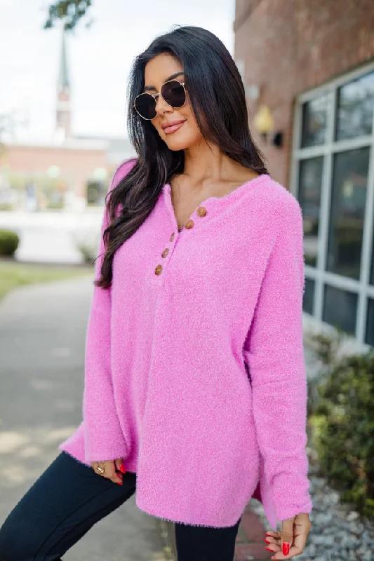 Thinking Of You Hot Pink Fuzzy Henley Sweater