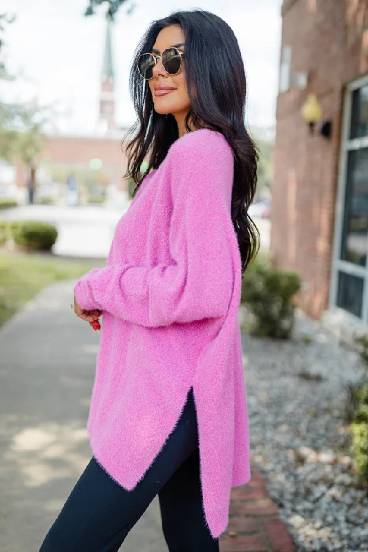 Thinking Of You Hot Pink Fuzzy Henley Sweater