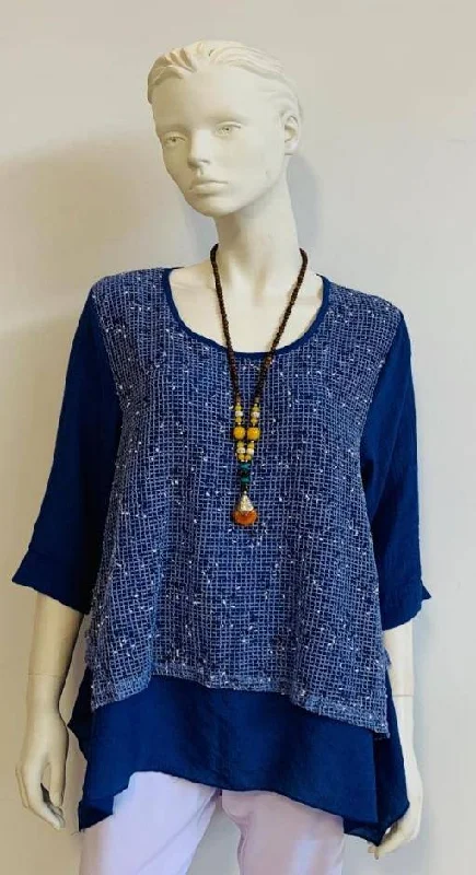 Cotton Winter Top In Royal Blue With Netted Layer