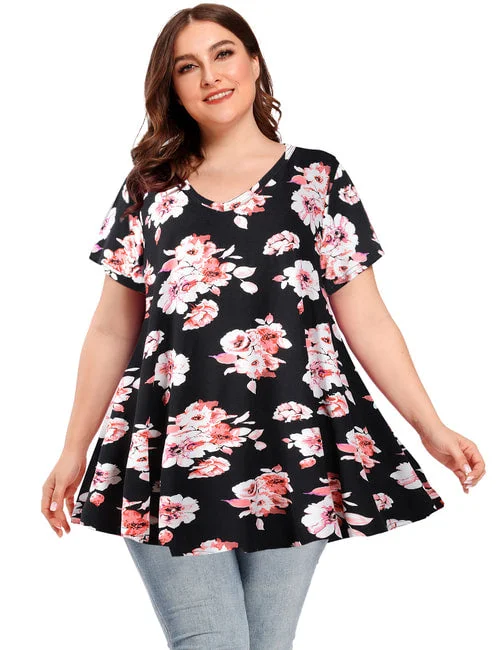 Women V Neck Loose Fit Flowy Short Sleeve Plus Size Casual Tops - LARACE 8059