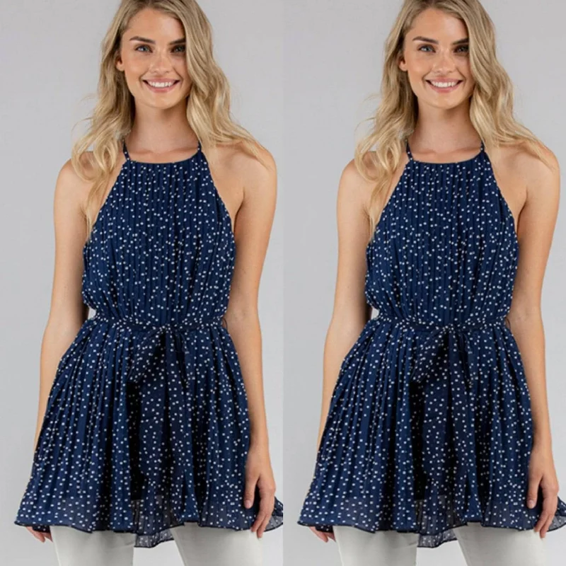 Top Navy Dot Print  Pleated Hem Sleeveless