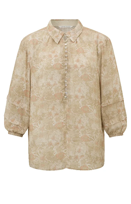 YAYA Summer Sand Print Blouse W. Puff Sleeve