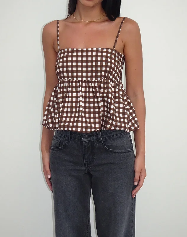 Charlita Frill Cami Top in Tonal Gingham Brown