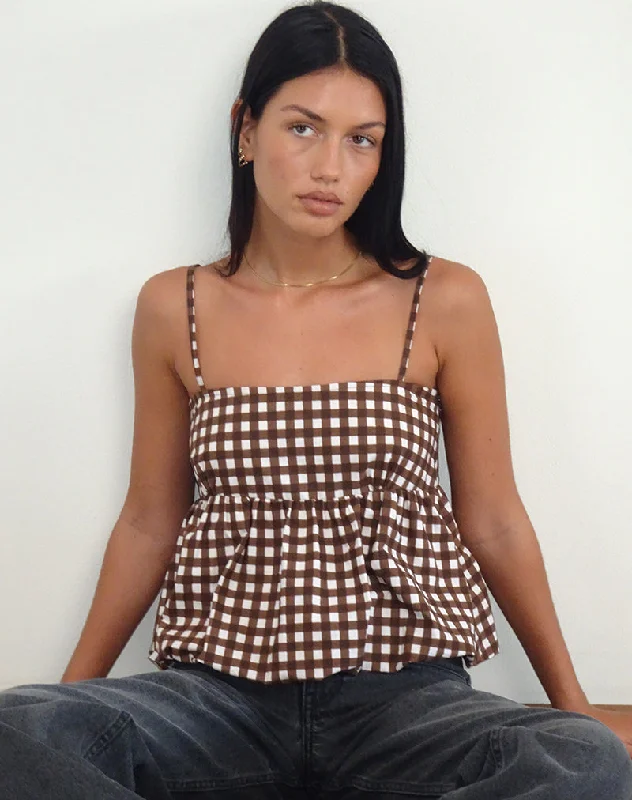 Charlita Frill Cami Top in Tonal Gingham Brown