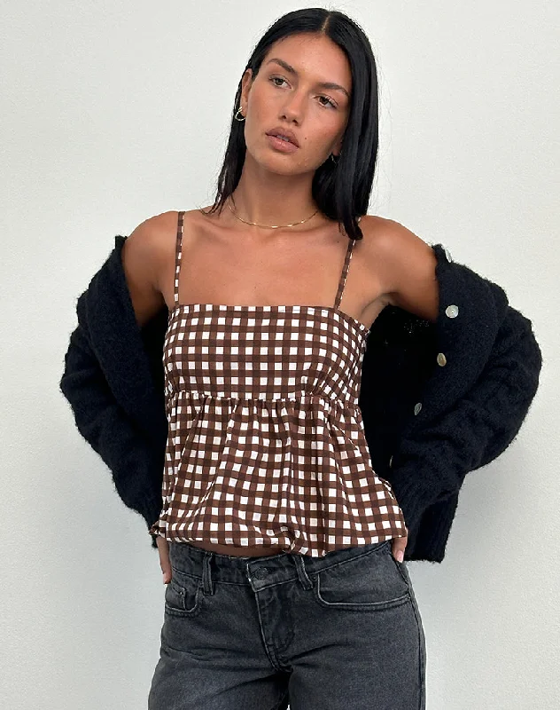 Charlita Frill Cami Top in Tonal Gingham Brown