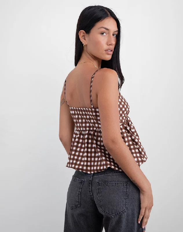 Charlita Frill Cami Top in Tonal Gingham Brown