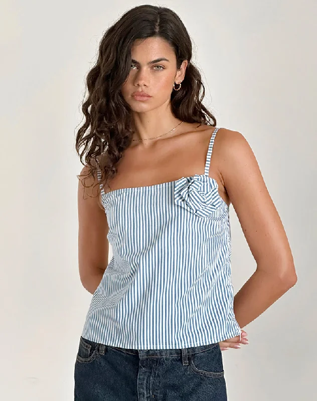 Flowa Top in Blue Small Vertical Stripe with Rosette