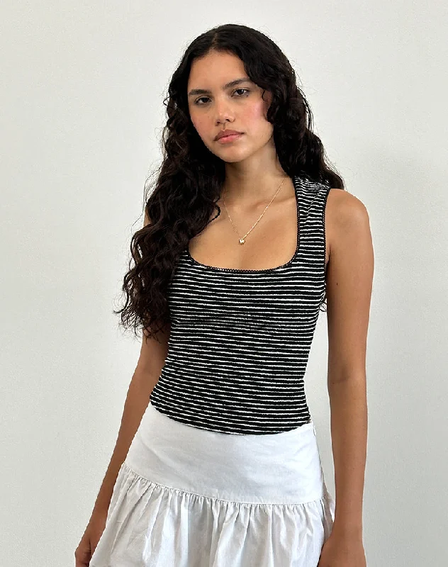 Jinsu Top in Black and White Stripe with Picot Trim