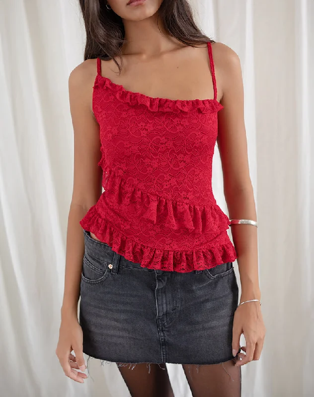 Octavia Asymmetric Cami Top in Lace Red