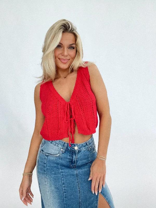 Red Crochet Knit Top