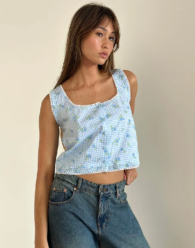 Ternya Top in Blue Flower Gingham