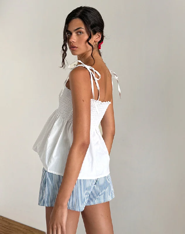 Zerah Shirred Cami Top in Poplin White